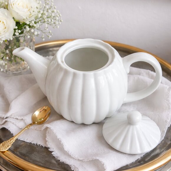 White Fluted Porcelain Teapot w/ Scalloped Rim | New Old Stock - Picture 5 of 8